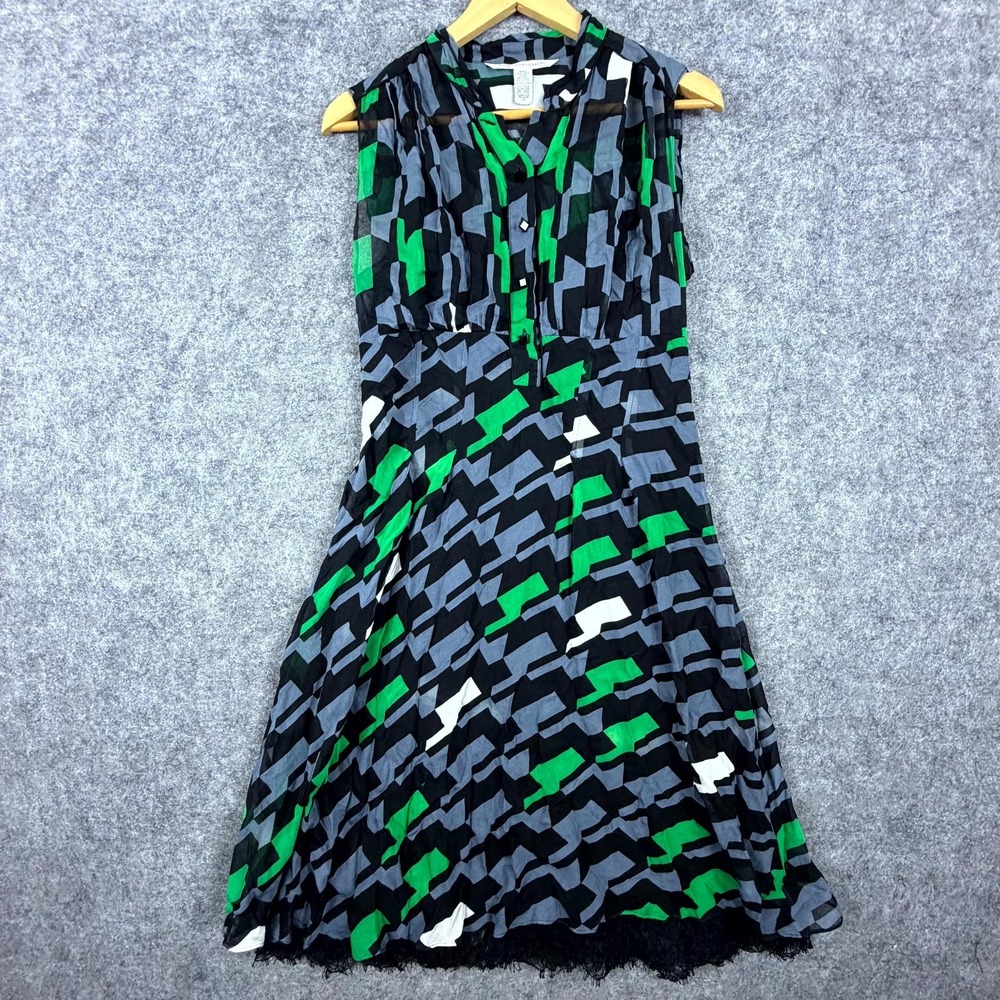 Diane von Furstenberg Silk Dress Women 10 Green Geometric Vintage A-Line V-Neck